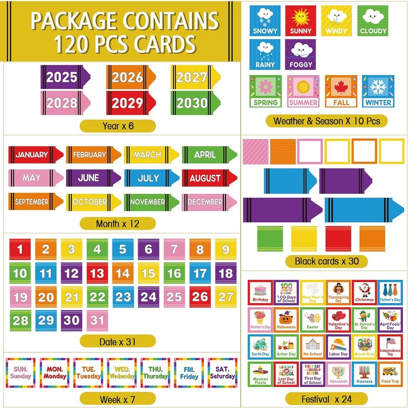 Sinload Classroom Calendar Pocket Chart Set Calendar Bulletin Board Set Seasons Festival Weather Pocket Chart for Classroom Decoration Back to School Supplies(Crayon) - Image 2